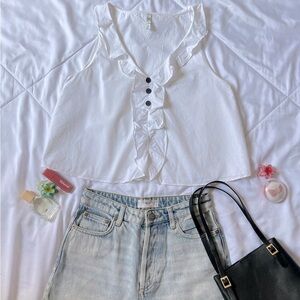 Zara Trf Cottage Core Frilled Sleeveless Top Ruffled V Neck Size XS